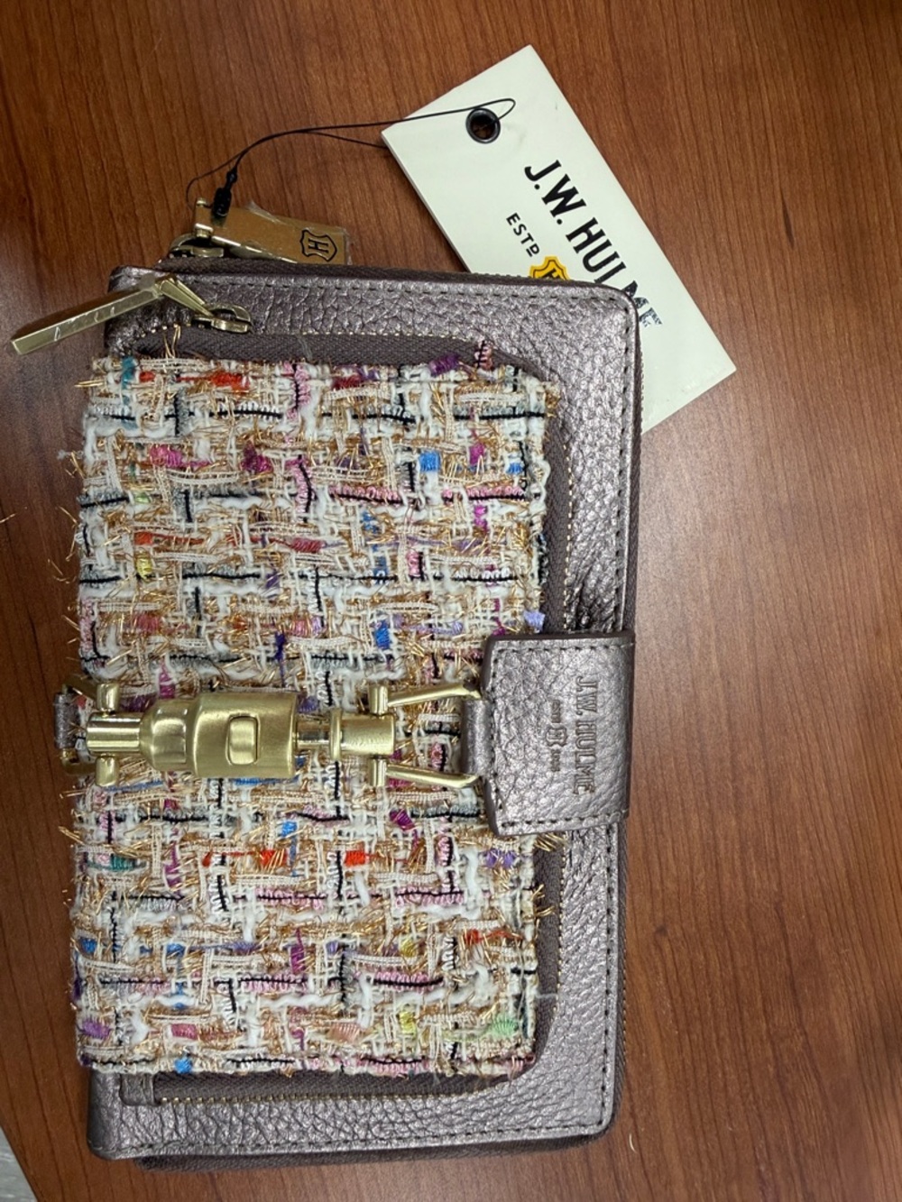 NWT J.W. Hulme Metallic Taupe Tweed Clutch Wallet